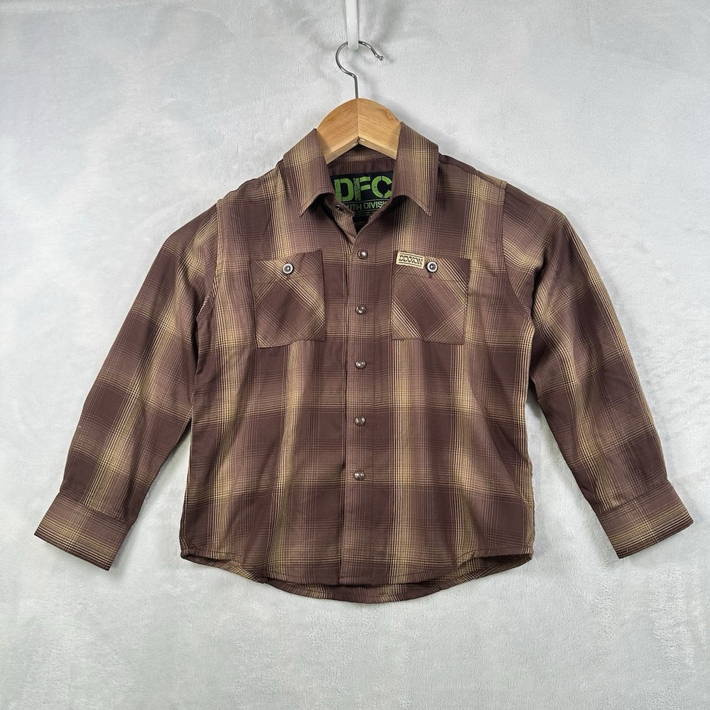 Dixxon Youth Division XS Flannel Shirt Brown Plaid Short Sleeve DFC Kids